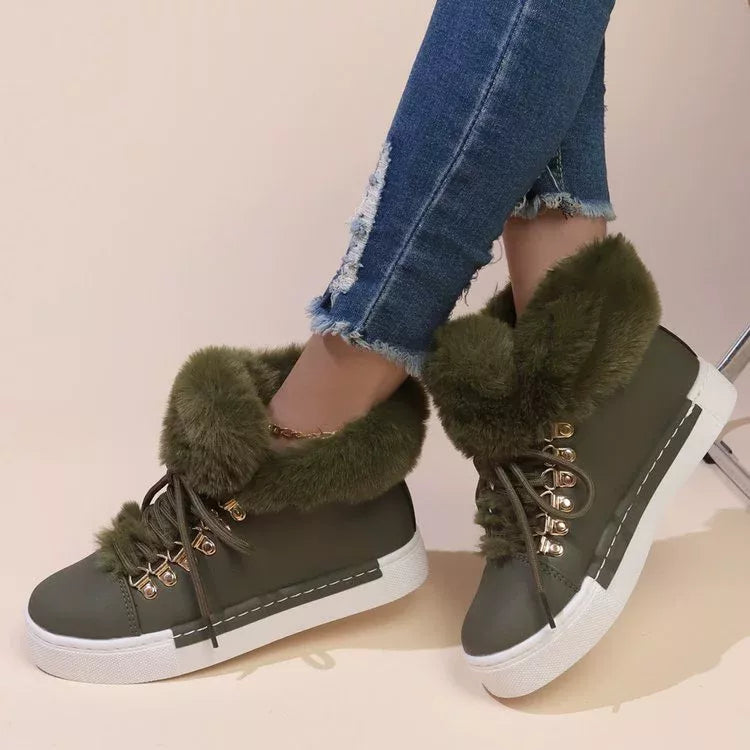 Simply Love fuzzy trim lace-up ankle boots with a cozy, textured design and ankle-height silhouette.