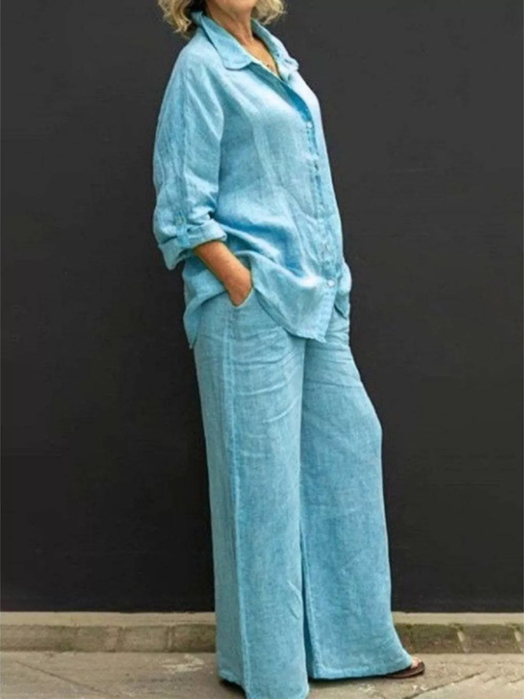 Plus size long sleeve shirt and pants set by Shopimist, featuring a comfortable fit and stylish design, shown in a full-length view.