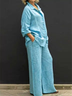 Plus size long sleeve shirt and pants set by Shopimist, featuring a comfortable fit and stylish design, shown in a full-length view.