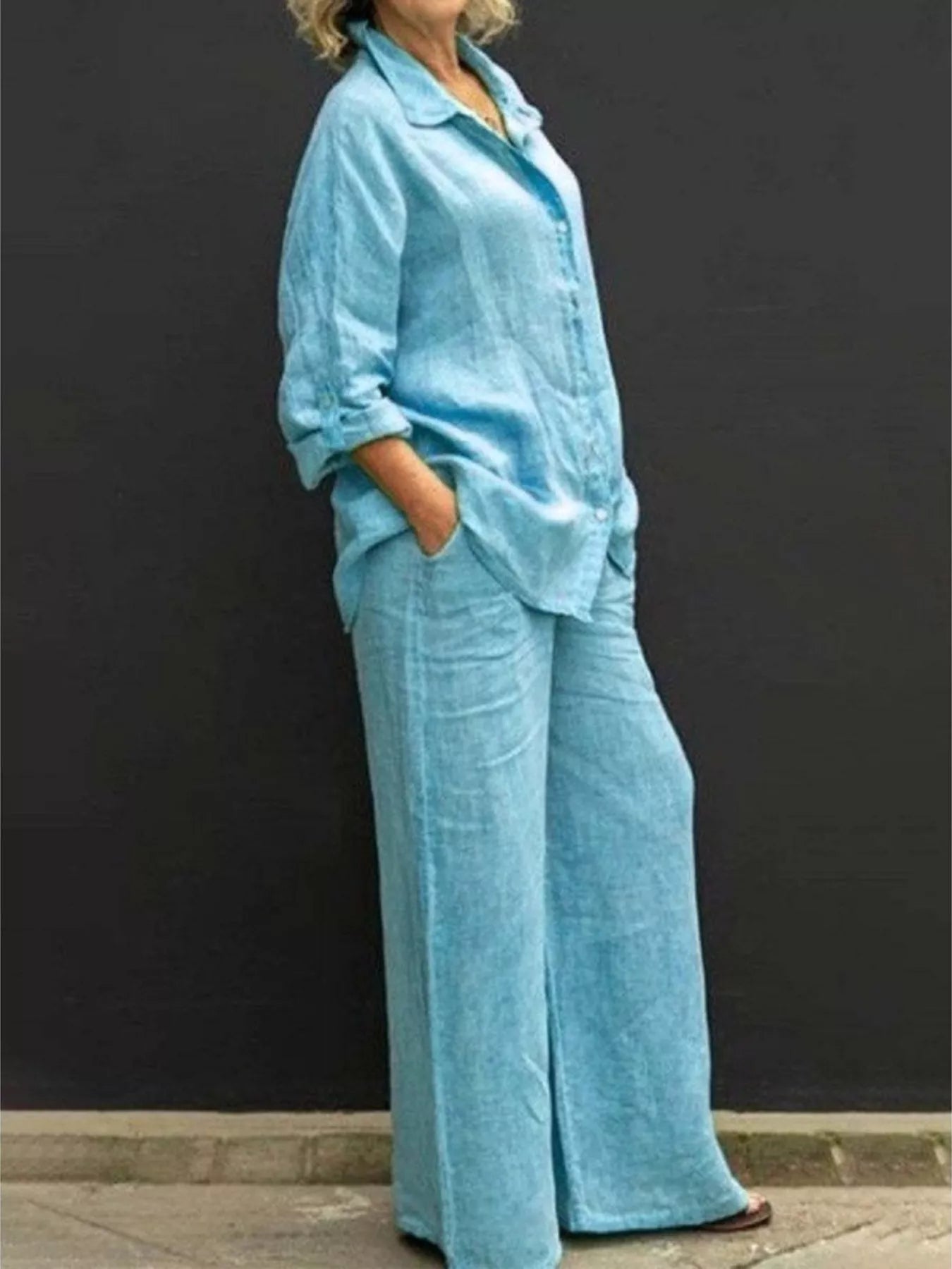 Plus size long sleeve shirt and pants set by Shopimist, featuring a comfortable fit and stylish design, shown in a full-length view.