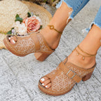 Women's chic buckle detail block heel sandal in premium faux leather with stylish straps and a comfortable heel height.