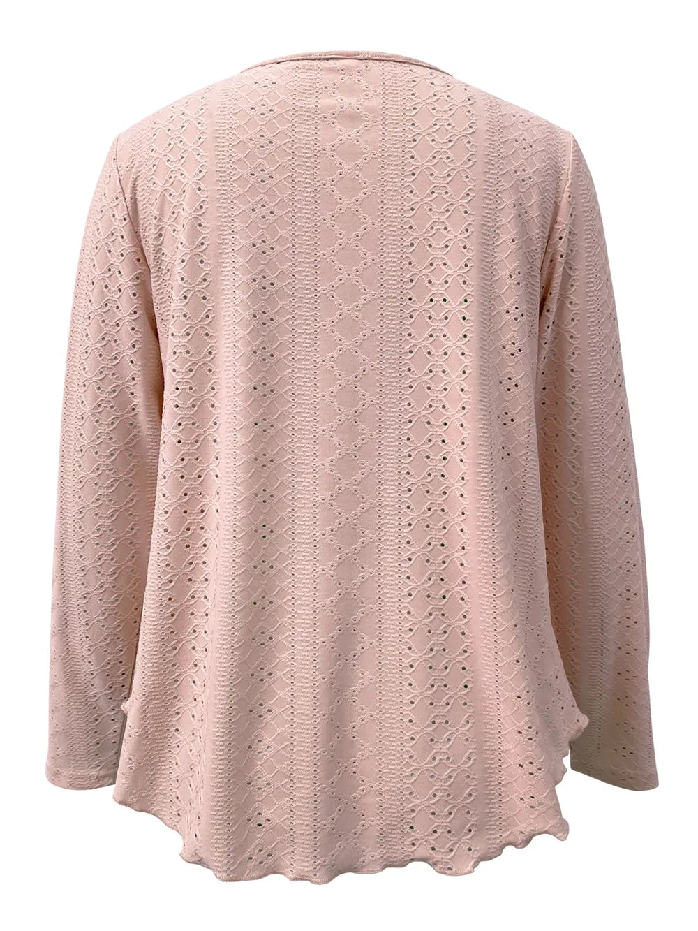 Elegant women's eyelet long sleeve blouse by Plush Fashion Hub, versatile stretchy office top, featuring eyelet details and a fitted silhouette.