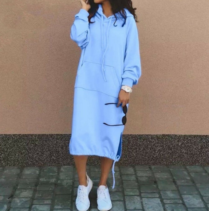 Women’s plush fashion hub long-sleeved hooded sweater with a pocket, drawstring detail, and casual style.