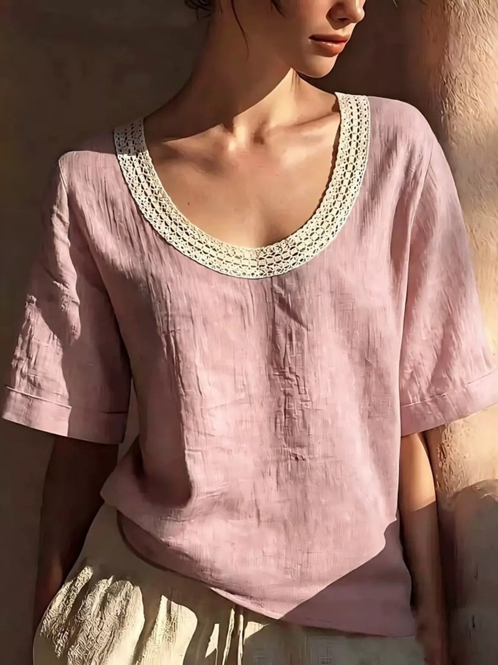 Plus size Shopimist lace trim short sleeve blouse with elegant design, featuring lace accents and a comfortable fit.