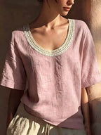 Plus size Shopimist lace trim short sleeve blouse with elegant design, featuring lace accents and a comfortable fit.