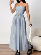 Striped strapless casual maxi dress by Simply Love featuring a flowing silhouette and bold horizontal stripe pattern.