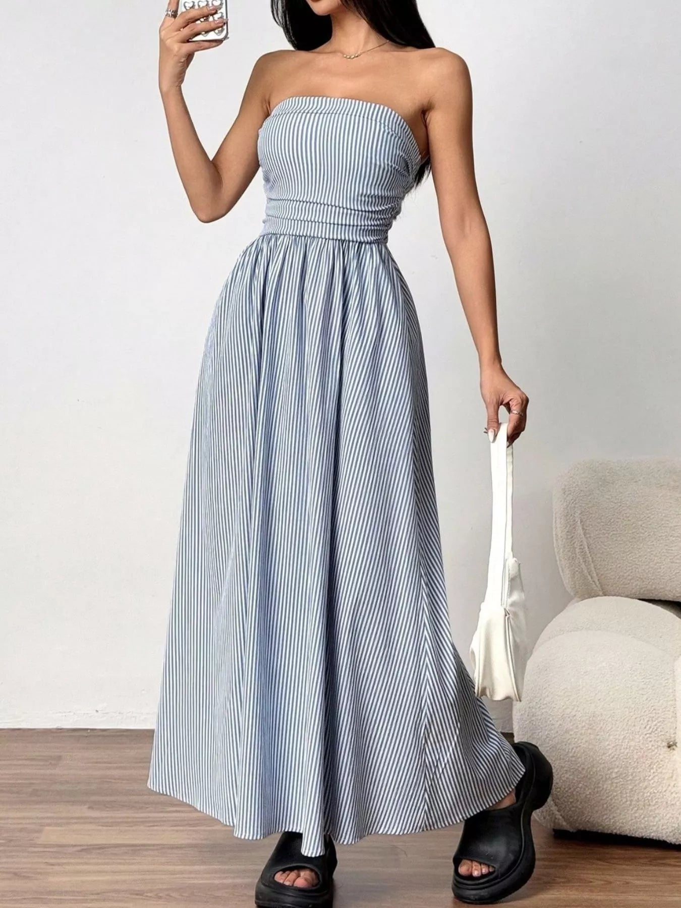 Striped strapless casual maxi dress by Simply Love featuring a flowing silhouette and bold horizontal stripe pattern.