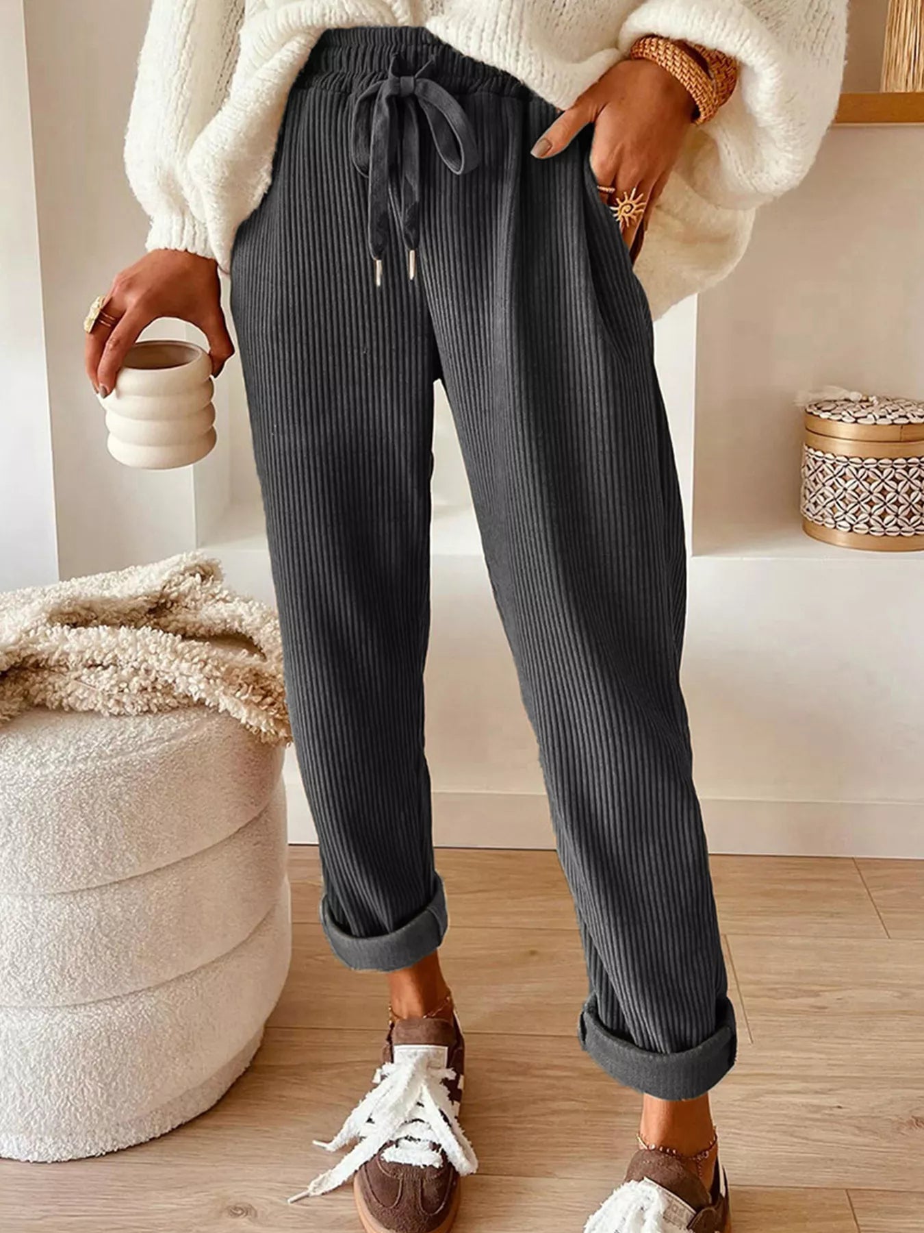 Simply Love casual corduroy drawstring waist pants with rings detail, shown in a relaxed fit on a model.