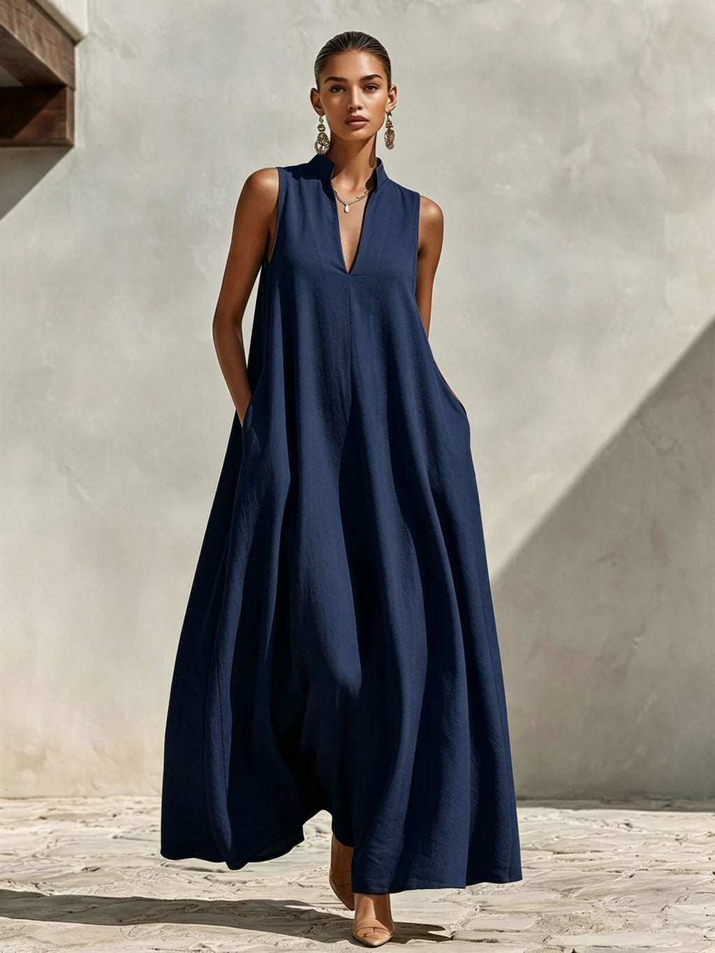Linen blend sleeveless maxi dress with stand collar in multiple colors, featuring a relaxed fit and side slit from FitiqueFit.