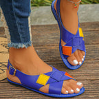 Colorful patchwork buckle flat sandals with ankle straps, trendy summer shoes by Trendsi featuring vibrant, comfortable footwear design.