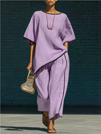 Contrast trim round neck top and pants set by Plush Fashion Hub, featuring a coordinated stylish casual outfit with bold trim details.