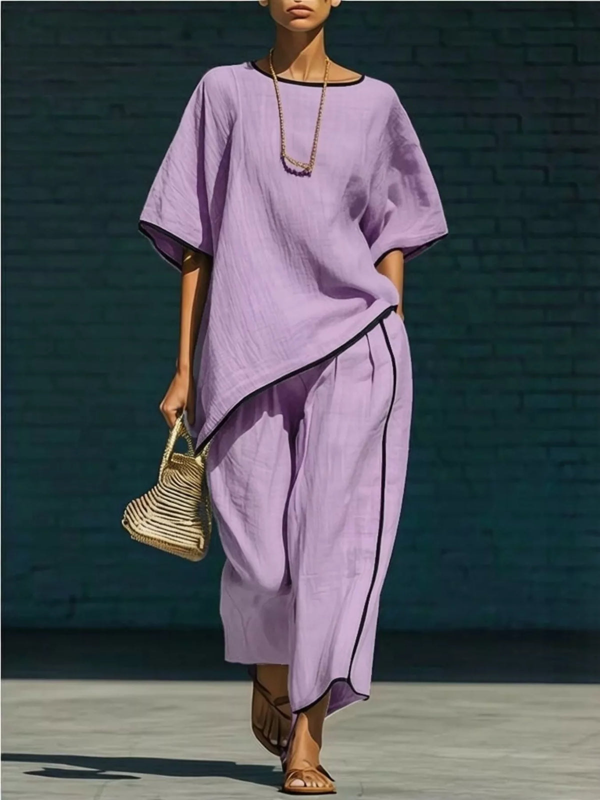 Contrast trim round neck top and pants set by Plush Fashion Hub, featuring a stylish matching outfit with comfortable fabric.