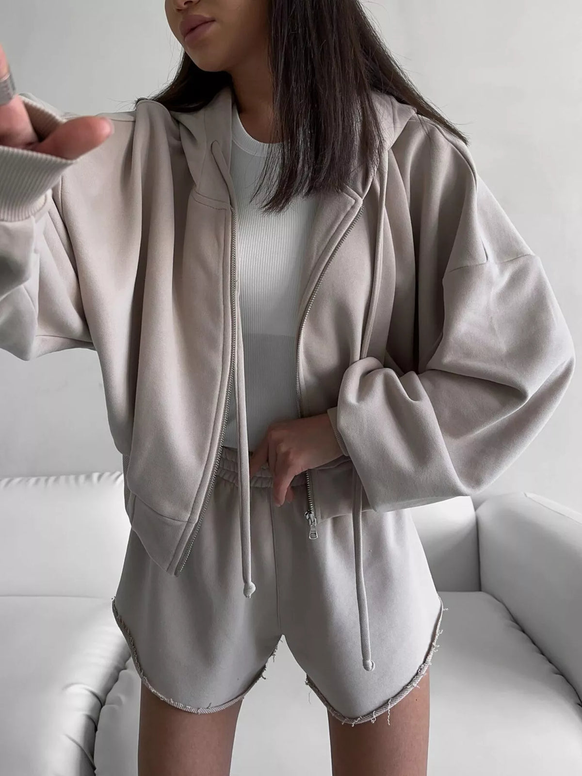Plush Fashion Hub zip-up long sleeve outerwear and matching shorts set displayed on a model.