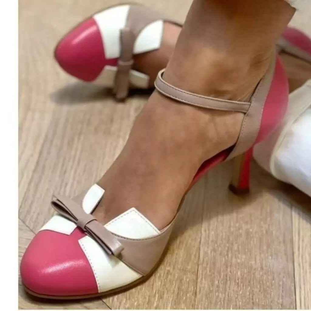 Shopimist Bow round toe mid heel sandals featuring a stylish bow detail and comfortable heel for casual or dressy occasions.