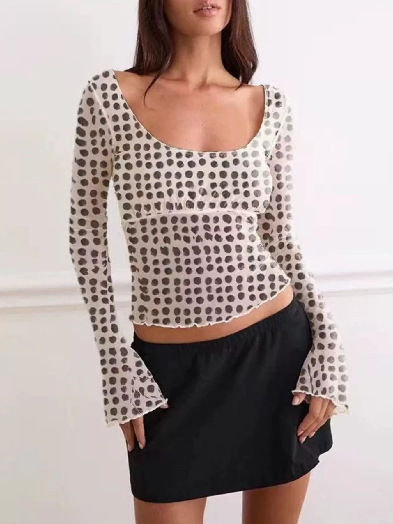 Polka dot mesh flare sleeve top by Plush Fashion Hub with stylish flare sleeves and a dotted pattern, perfect for trendy casual wear.