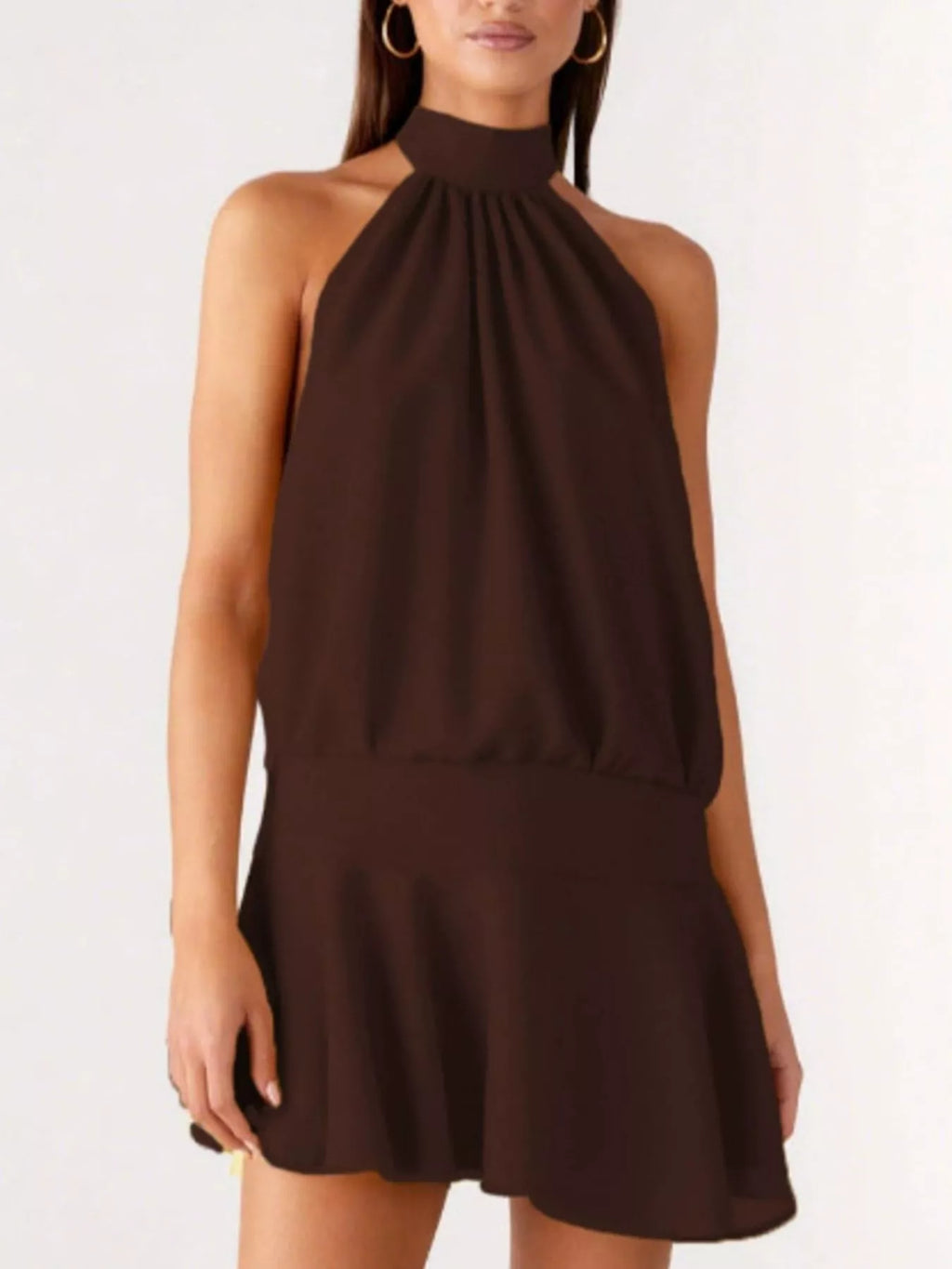 Backless halter neck gathered waist dress by Plush Fashion Hub, featuring a stylish design with a flowing silhouette and elegant fit.