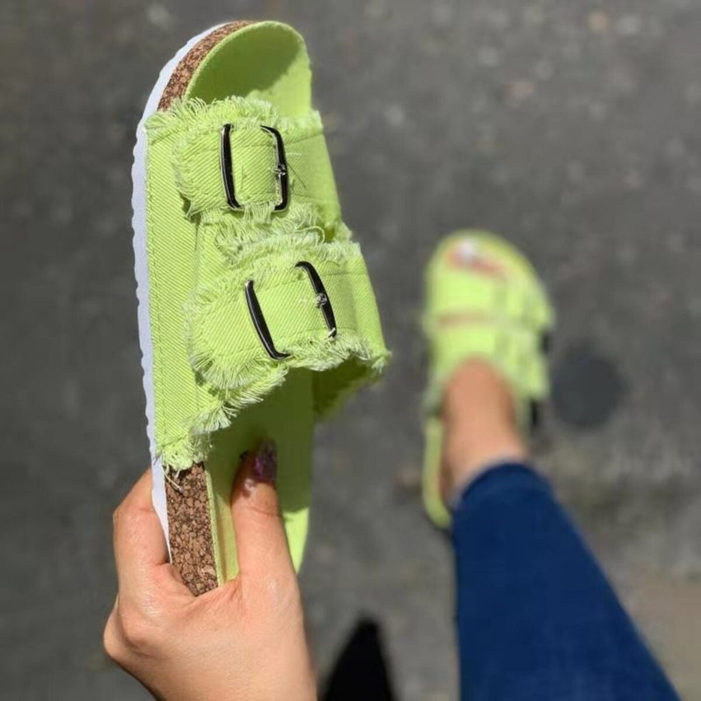 Shopimist frayed edge buckle sandals with ankle straps and open toe design, featuring casual, trendy footwear style.