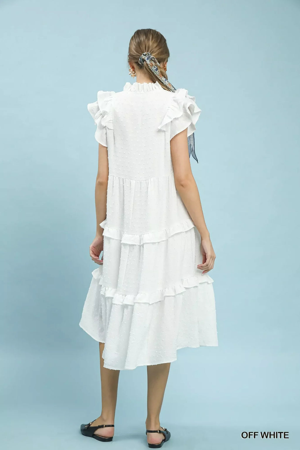 Umgee textured ruffle sleeve tiered midi dress with flowing fabric and layered design, perfect for casual or dressy occasions