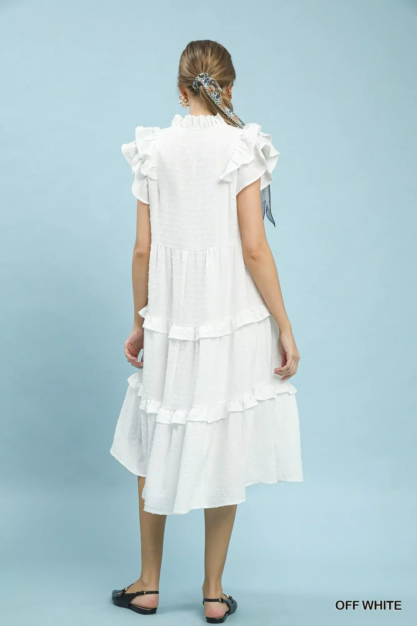 Umgee textured ruffle sleeve tiered midi dress with flowing fabric and layered design, perfect for casual or dressy occasions