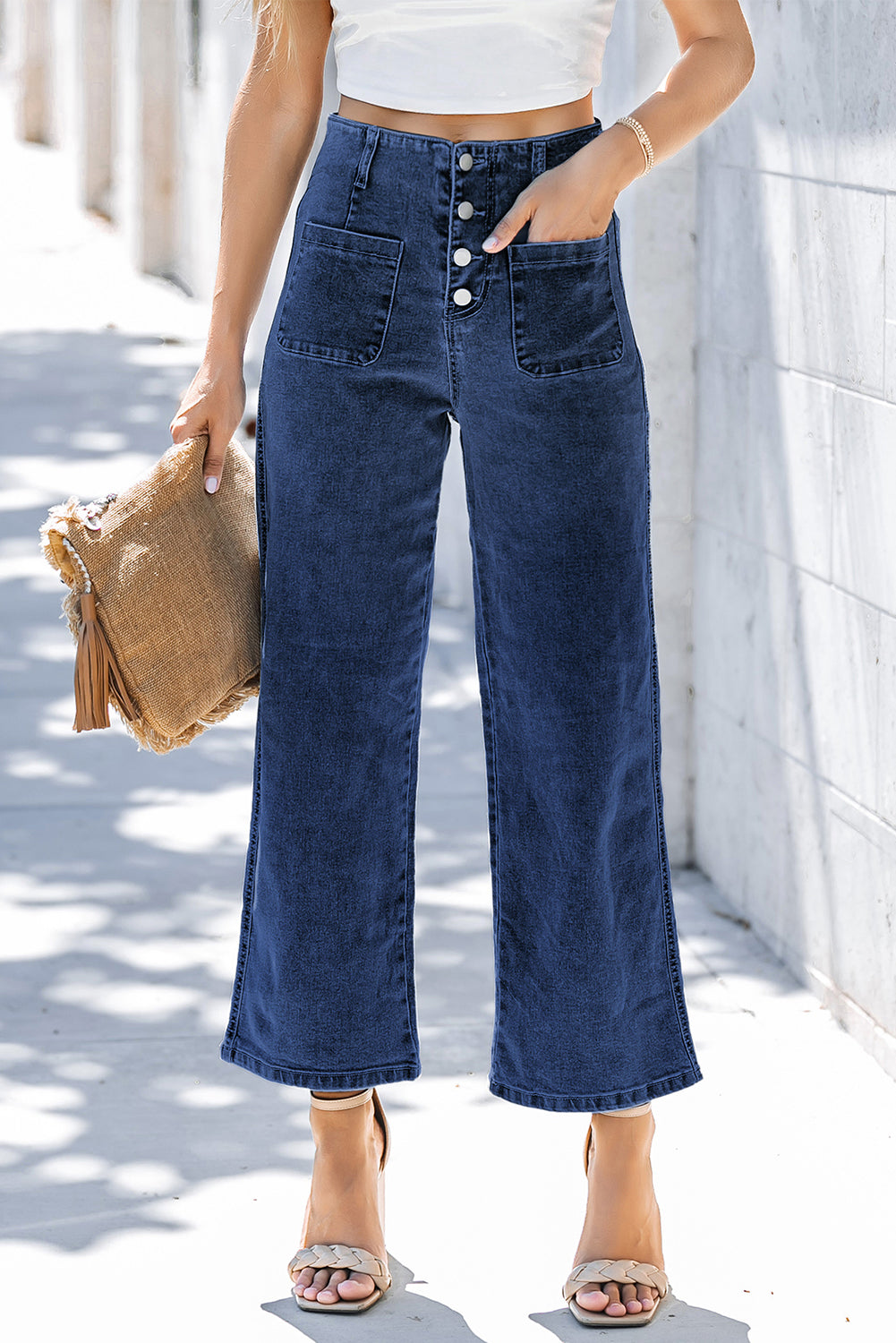 Threaded Pear Mckinley wide leg cropped jeans shown in denim with relaxed fit and cropped length, featuring classic five-pocket design.