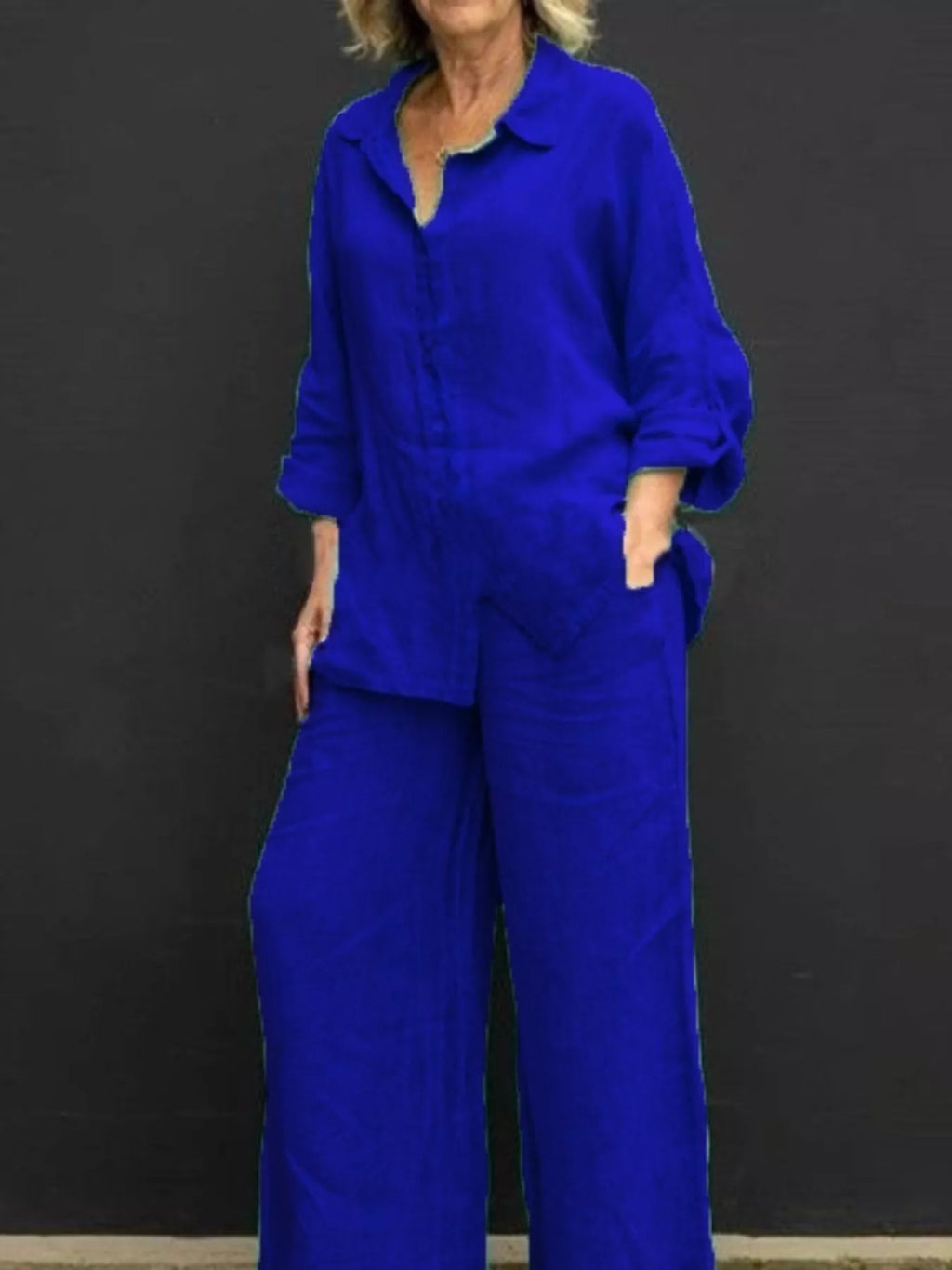 Plus size long sleeve shirt and pants set from Shopimist, featuring a comfortable, full-length design in a coordinated outfit.