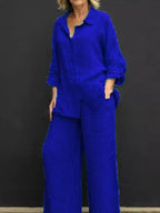 Plus size long sleeve shirt and pants set from Shopimist, featuring a comfortable, full-length design in a coordinated outfit.
