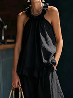 Full Size Ruffled Halter Neck Top and Wide-Leg Pants Set Plus Size