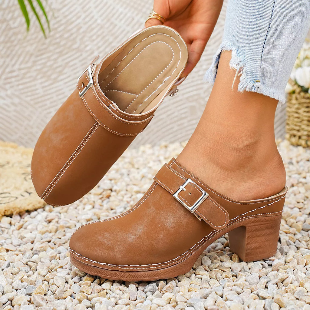 Shopimist round toe block heels sandals featuring a stylish design with sturdy heels and elegant straps.