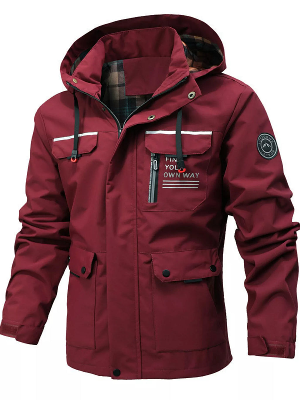 Men's plus size hooded outdoor windproof coat by Shopimist, shown in black with a full front zipper and adjustable hood.