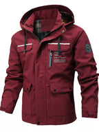 Men's plus size hooded outdoor windproof coat by Shopimist, shown in black with a full front zipper and adjustable hood.
