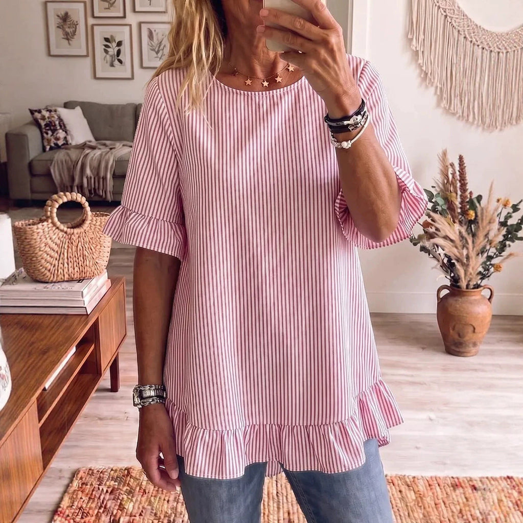 Women's striped ruffle-sleeve loose-fit blouse with three-quarter sleeves, casualwear by FitiqueFit, shown on a mannequin.