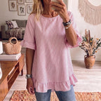 Women's striped ruffle-sleeve loose-fit blouse with three-quarter sleeves, casualwear by FitiqueFit, shown on a mannequin.