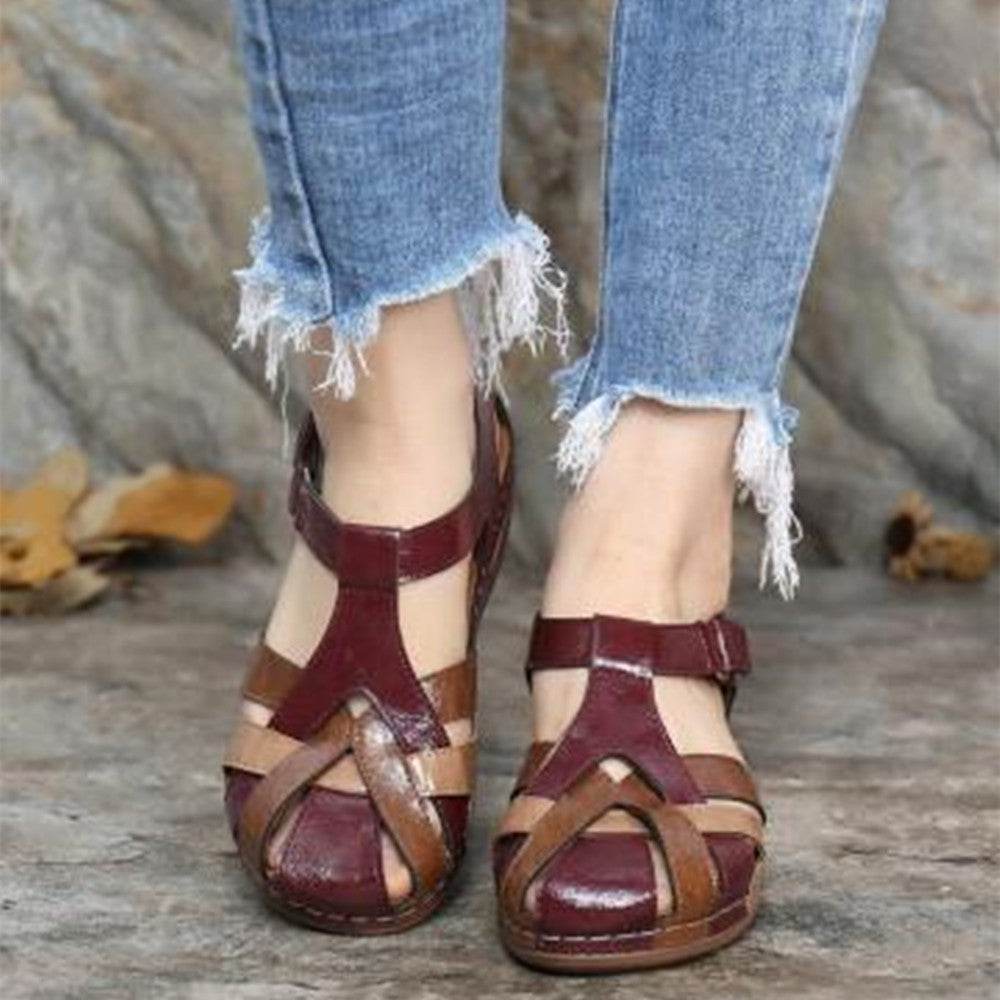 Vintage round toe wedge sandals for women with cross buckle detail by Plush Fashion Hub, featuring a stylish retro design.