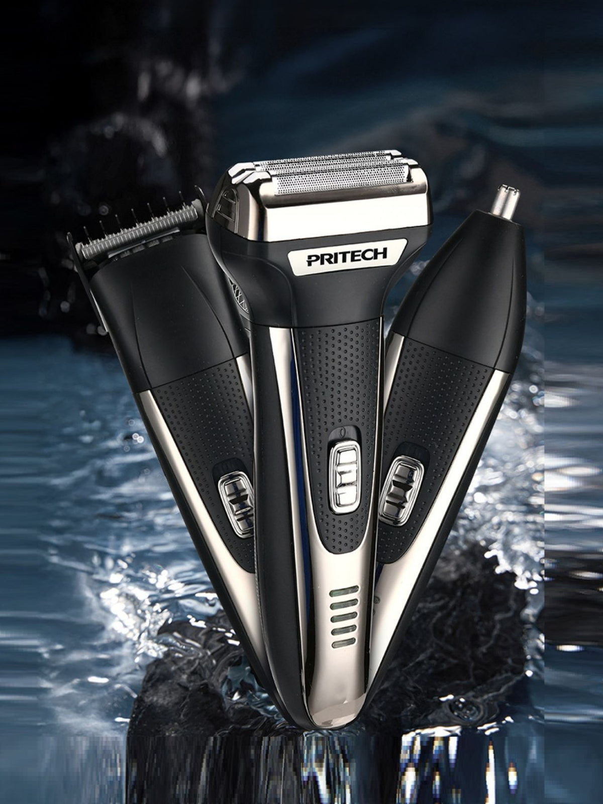 Portable Plush Fashion Hub 3-in-1 electric grooming shaver set with multiple attachments for beard, hair, and body grooming.