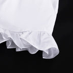 Women's linen-blend ruffled cropped blouse and shorts set by FitiqueFit, featuring a stylish, casual summer outfit with ruffle details.