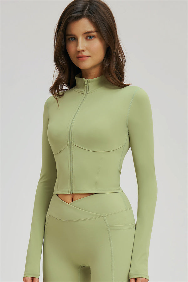 Fitglutes Activewear sports bra, zip jacket, and shorts 3-piece set for workout and gym activities.