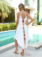 Crochet trim flowy cover-up dress with a relaxed fit, featuring airy fabric and intricate crochet details for a stylish beach look.