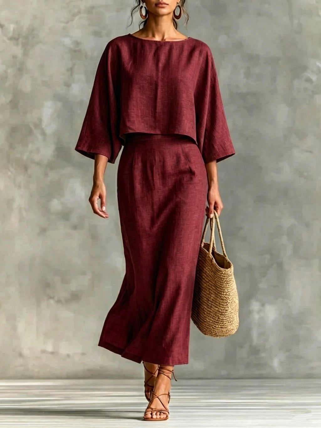 Plush Fashion Hub high waist long skirt and 3/4 sleeve loose casual top set, stylish and comfortable women's outfit.