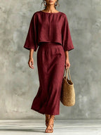 Plush Fashion Hub high waist long skirt and 3/4 sleeve loose casual top set, stylish and comfortable women's outfit.