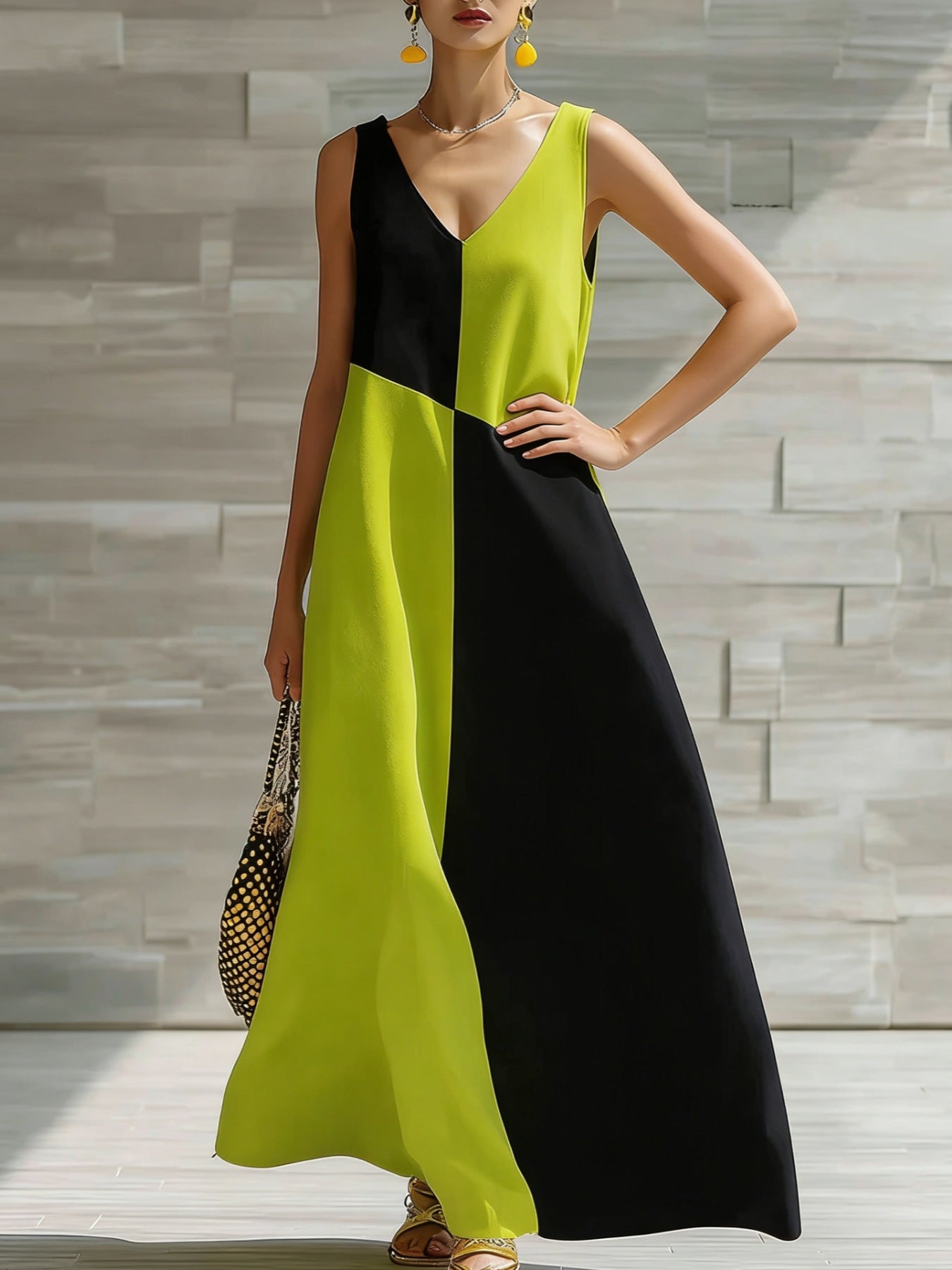 Women's chic color block sleeveless maxi dress by Trendsi, lightweight summer dress with vibrant color blocking and flowing design.