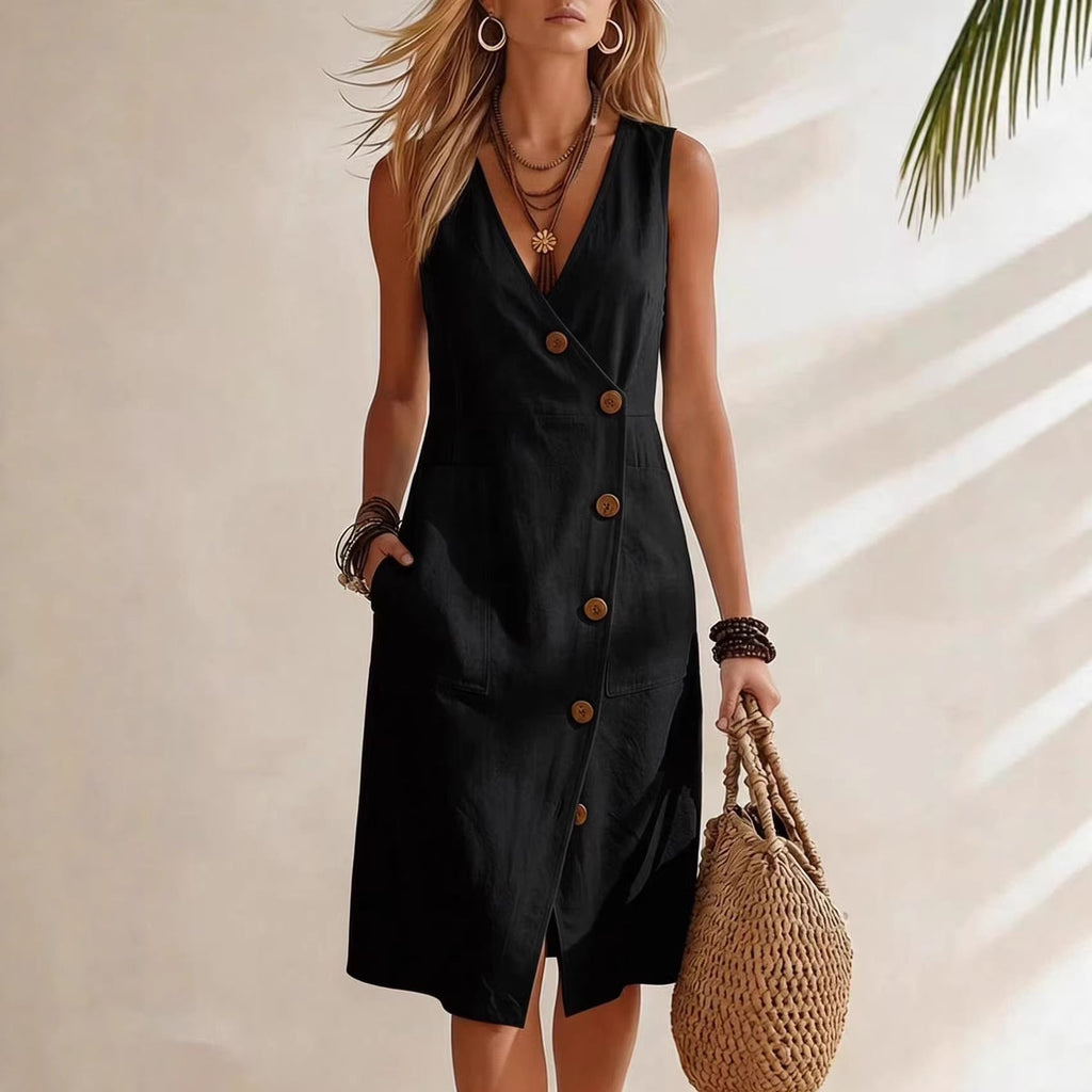 Women's casualwear FitiqueFit resort V-neck sleeveless midi dress with asymmetrical button design, flowing fabric, and relaxed fit.