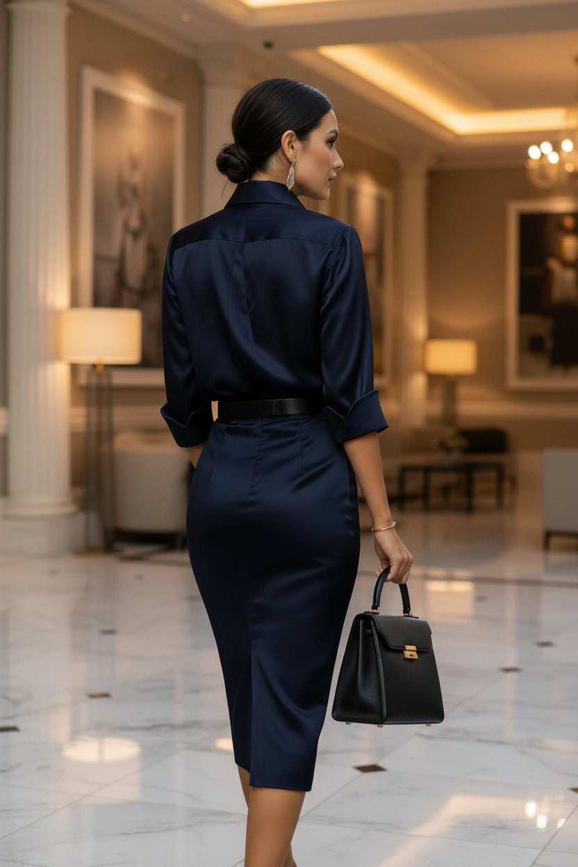 Women's slim-fit midi dress with lapel collar and half-sleeves, casualwear by Plush Fashion Hub, shown in a stylish, relaxed fit.