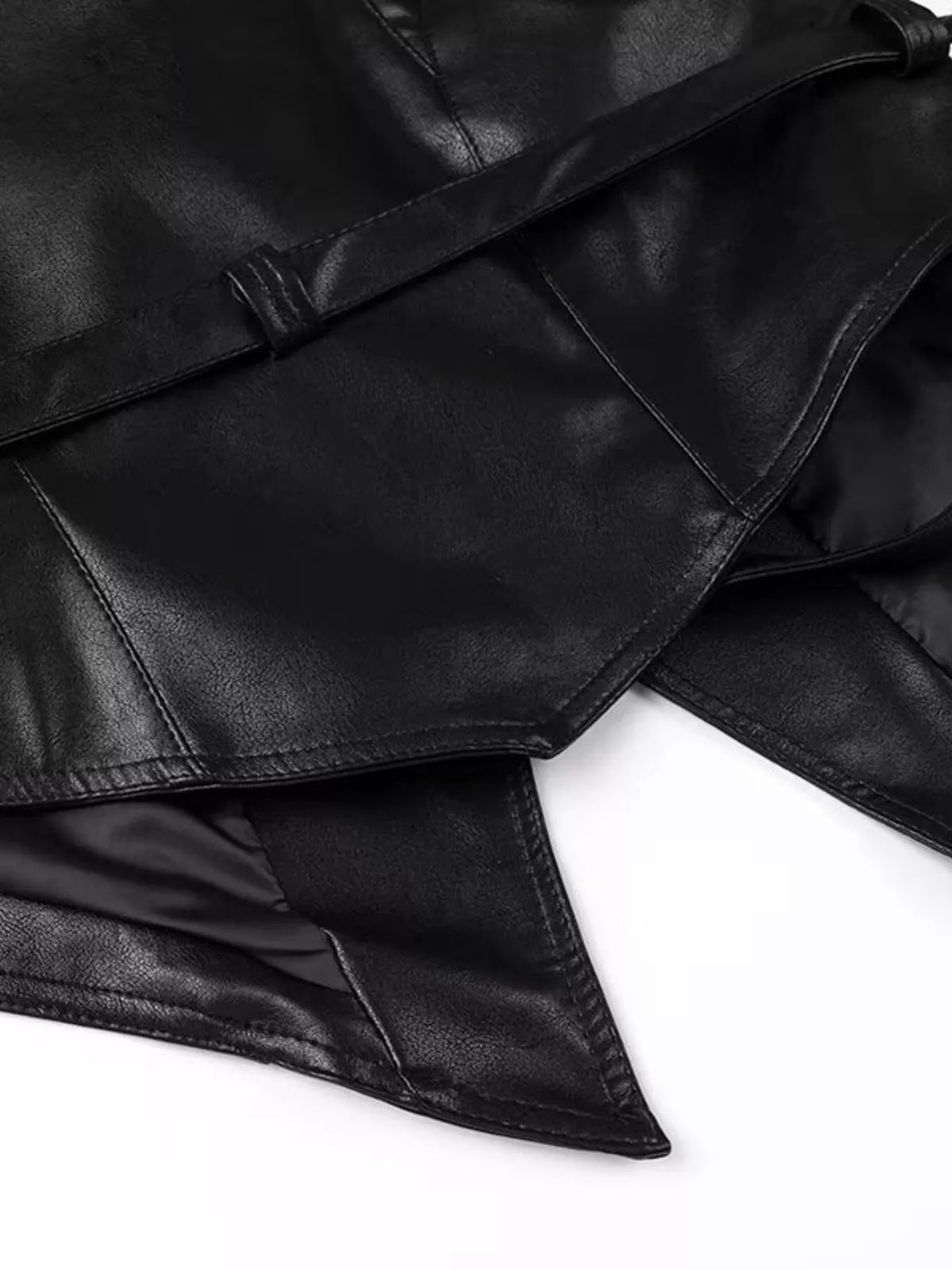Women's leather belted jacket with shawl collar, stylish outerwear from Trendsi featuring a fitted design and classic silhouette.
