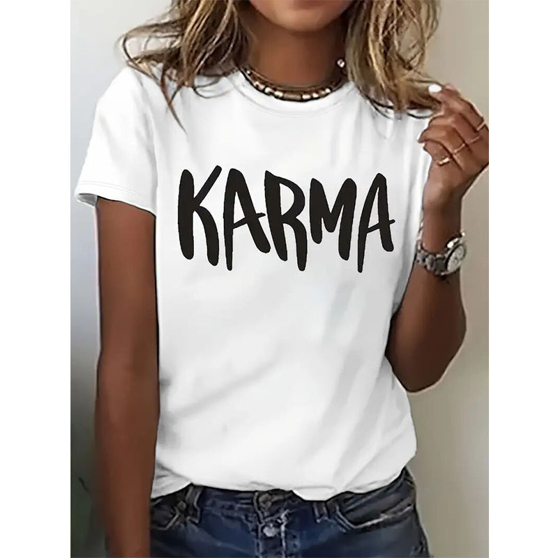 Plush Fashion Hub short sleeve round neck T-shirt with 'KARMA' print, casualwear, white fabric, fits comfortably, front view.