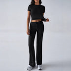 FitiqueFit crew neck short sleeve top and full-length pants set in solid color, featuring comfortable, casual two-piece design.