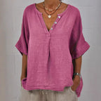 Women's cotton linen V-neck button-up shirt by FitiqueFit, casualwear in soft, breathable fabric, styled on a model.