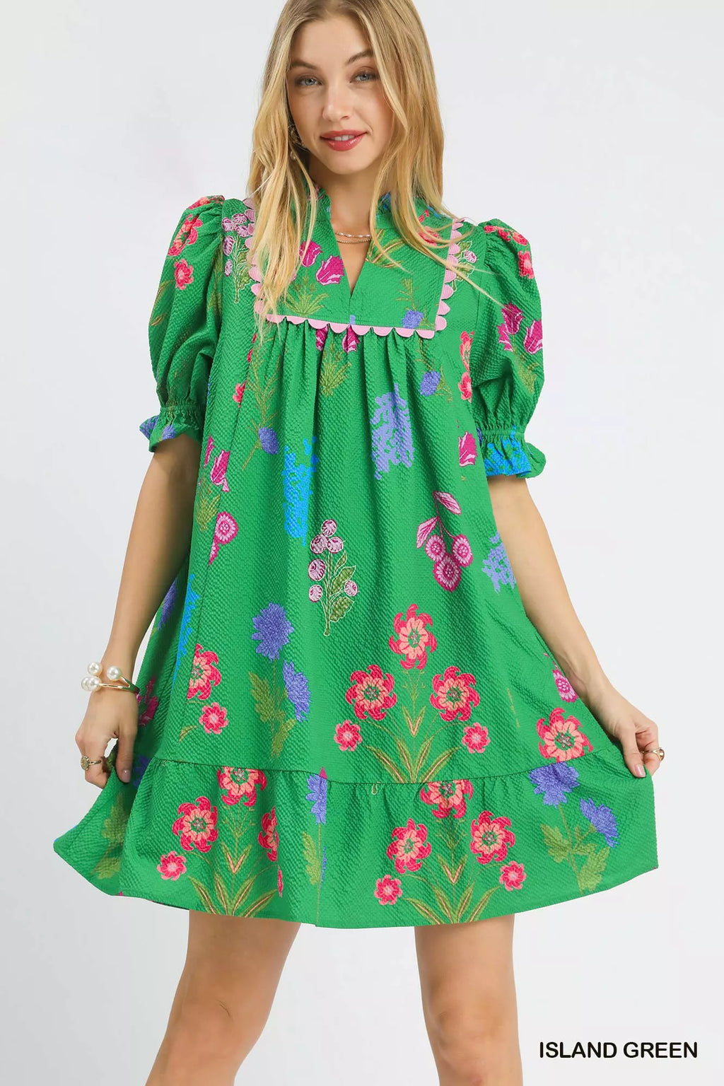 Umgee multi flower print V-neck dress with short sleeves and flowy silhouette, perfect for casual and summer wear.