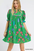 Umgee multi flower print V-neck dress with short sleeves and flowy silhouette, perfect for casual and summer wear.