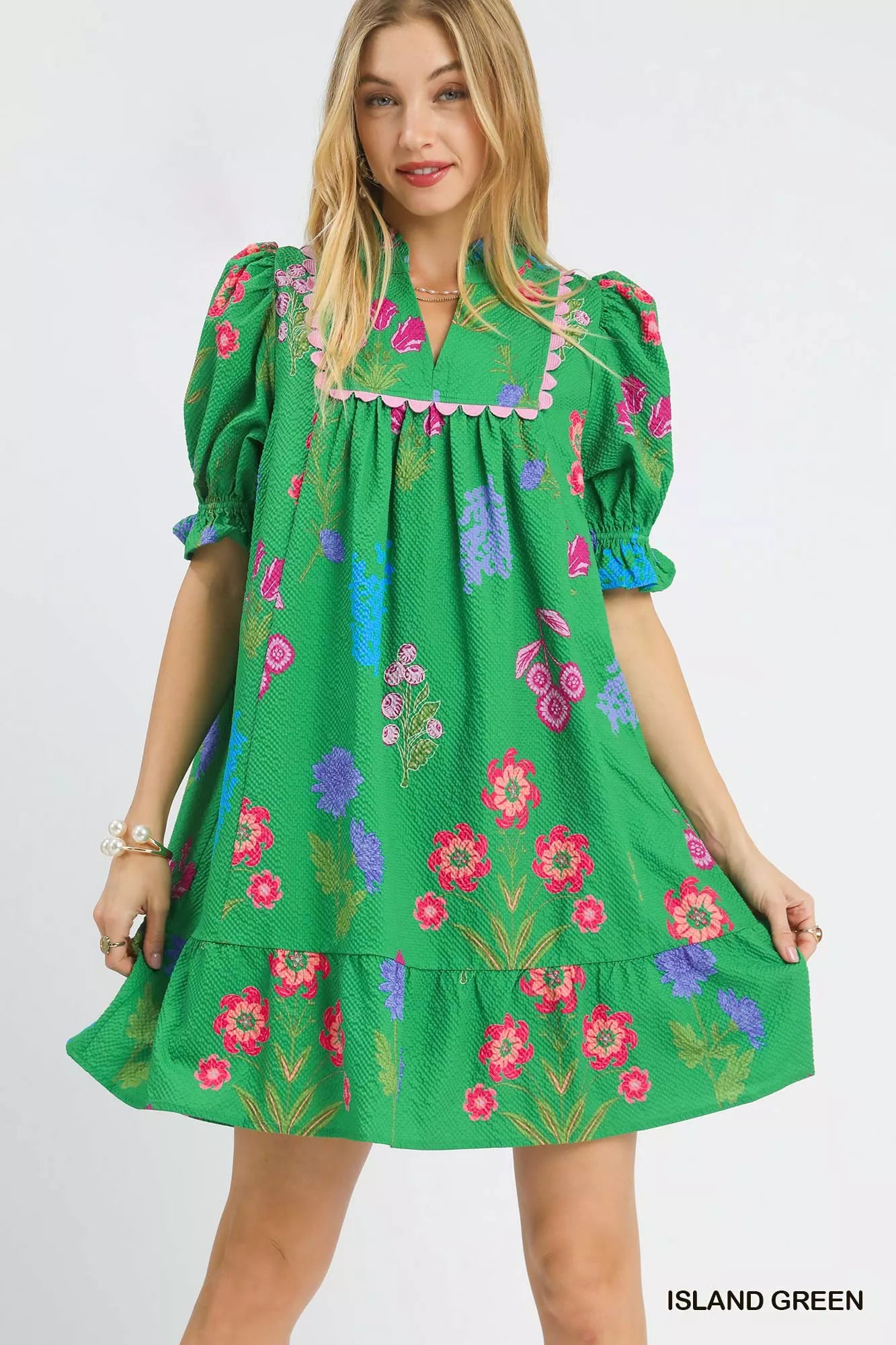 Umgee multi flower print V-neck dress with short sleeves and flowy silhouette, perfect for casual and summer wear.