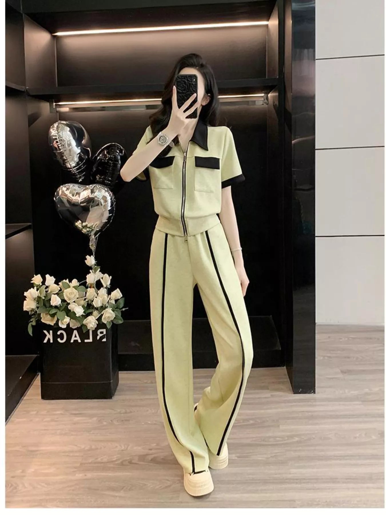 Shopimist contrast zip-up top and wide-leg pants set, featuring a stylish zip detail and relaxed fit in a modern design.